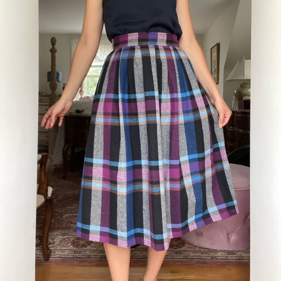 Vintage Clyde Wool-blend Plaid Pleated Midi Skirt - Picture 1 of 13